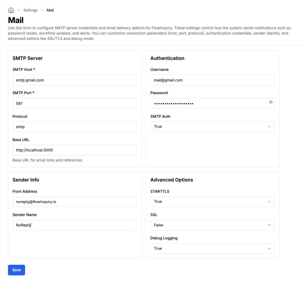 FlowInquiry Mail Setting